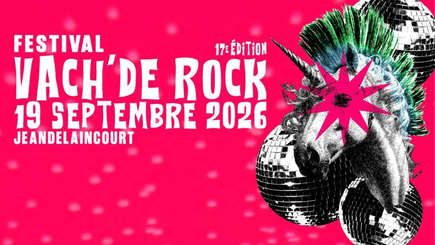Affiche du festival Vach'de Rock, édition 2026, avec un fond rose, un cheval licorne aux cheveux en crête, et des disques disco.