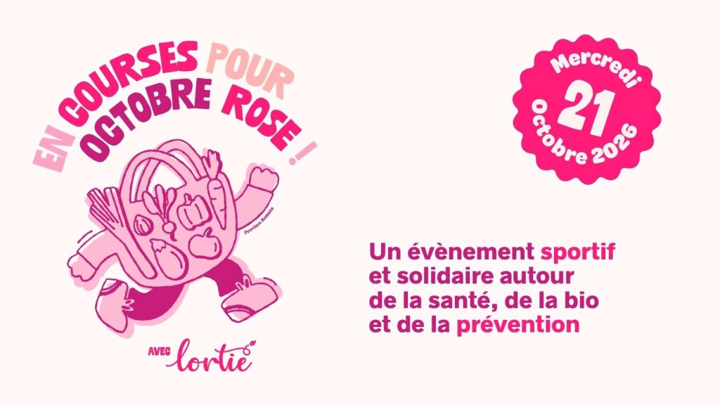 Affiche de l'événement "En courses pour Octobre rose" avec un personnage portant un sac plein de légumes et de produits bio. Date prévue : Mercredi 21 Octobre 2026, avec un message sur la santé et la prévention.